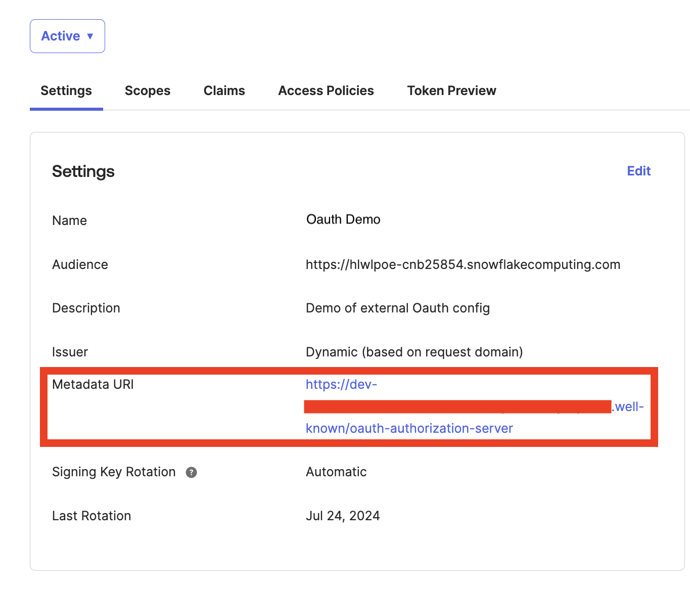 Страница настроек Okta API с выделенным metadata URI. Страница настроек Okta API с выделенным metadata URI.