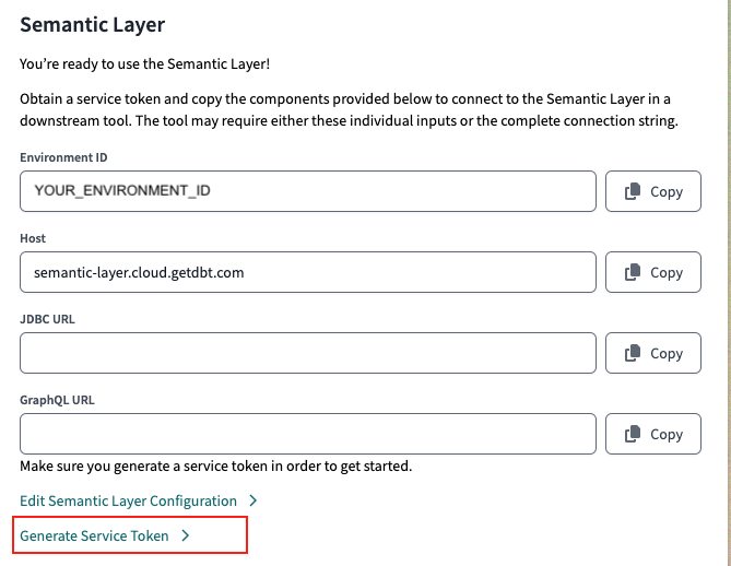 Доступ к вашему ID окружения, хосту и URL в настройках Семантического слоя dbt Cloud. Создайте токен сервиса в настройках Семантического слоя или настройках API токенов