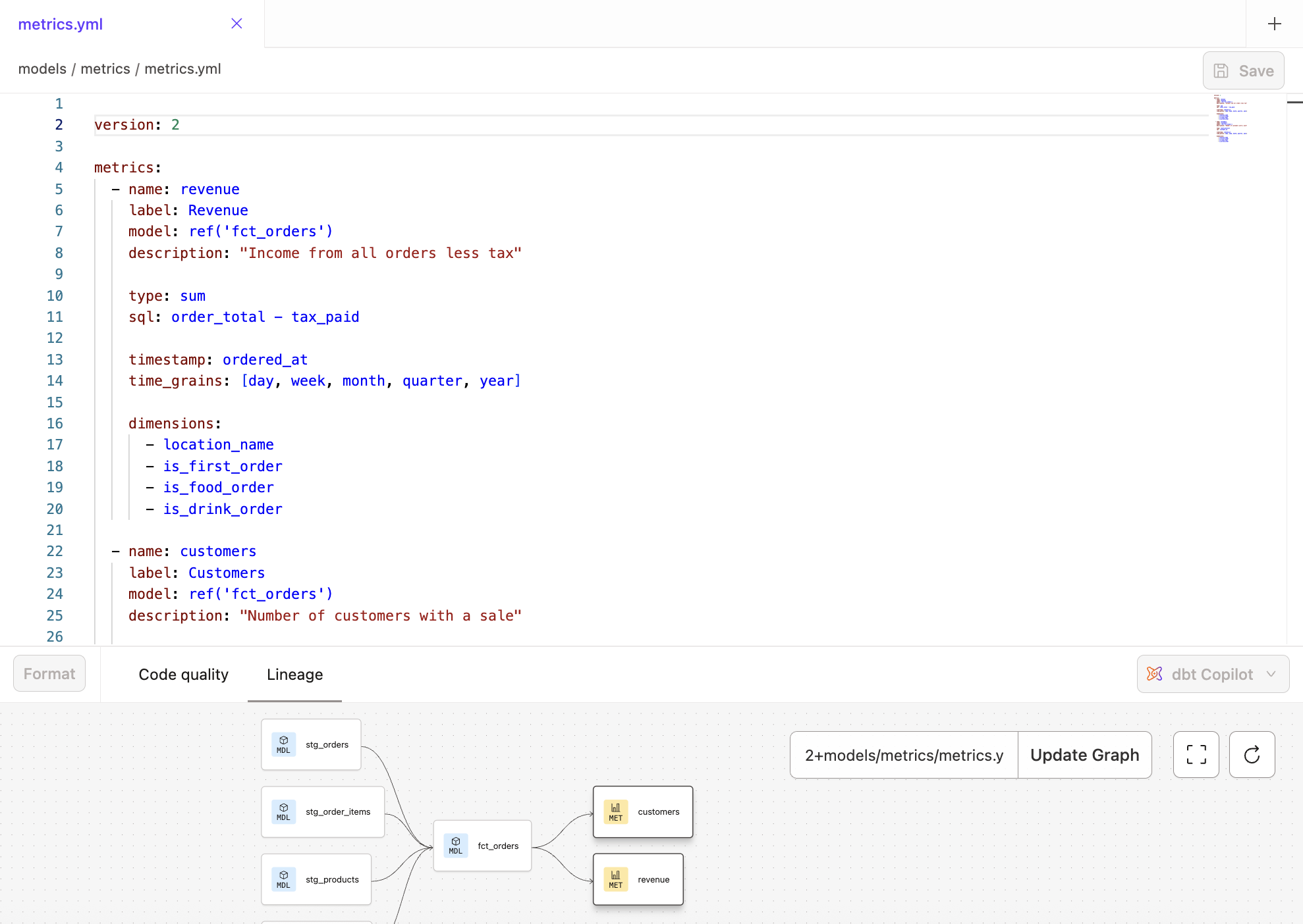 Проверяйте свои метрики с помощью вкладки Lineage в IDE. Проверяйте свои метрики с помощью вкладки Lineage в IDE.