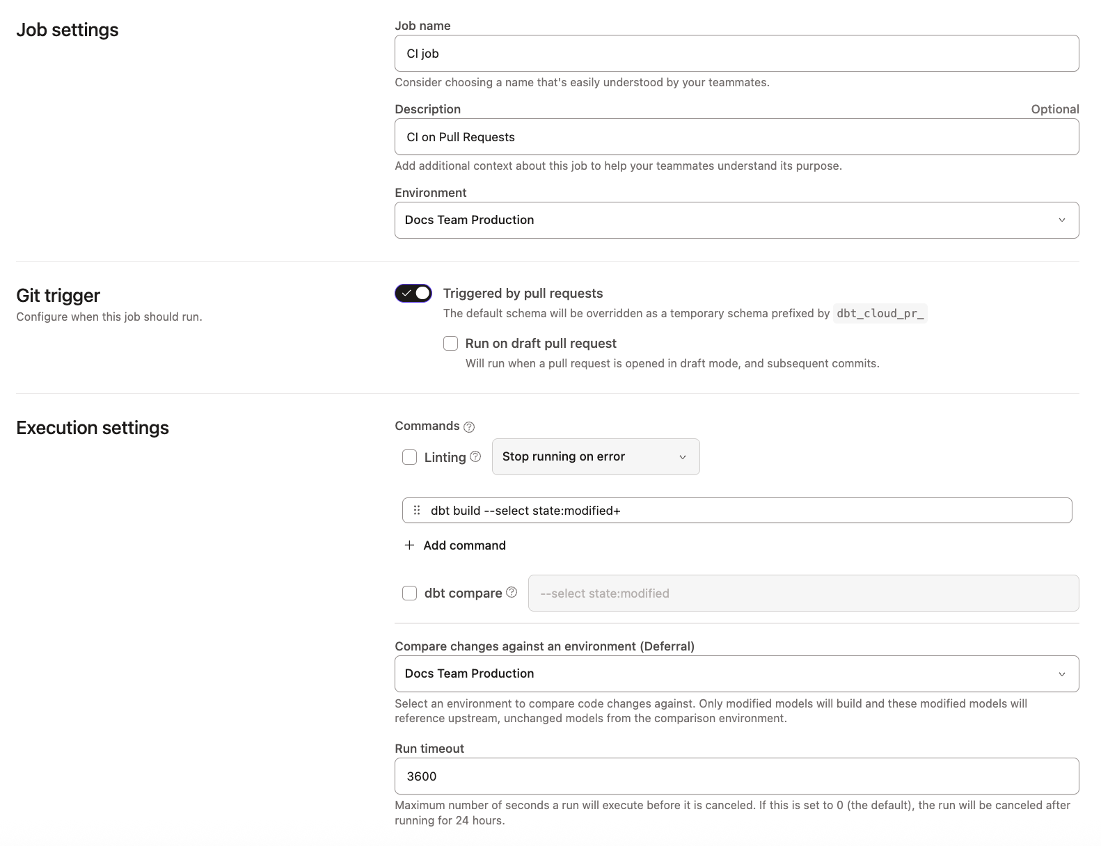 Пример страницы CI Job в интерфейсе dbt Пример страницы CI Job в интерфейсе dbt