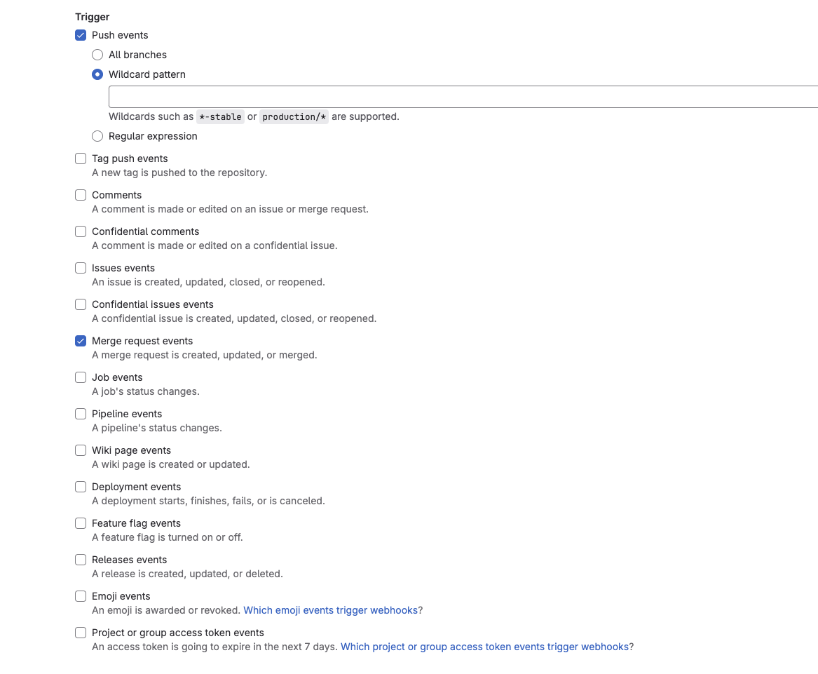 Пример включенной о�пции Push events в настройках GitLab