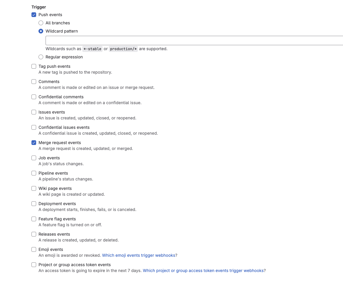 Пример включённой опции Push events в настройках GitLab Пример включённой опции Push events в настройках GitLab
