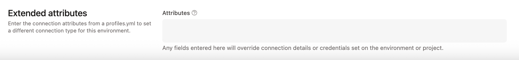 Extended Attributes помогает добавлять атрибуты profiles.yml в настройки окружения dbt через текстовое поле свободной формы.