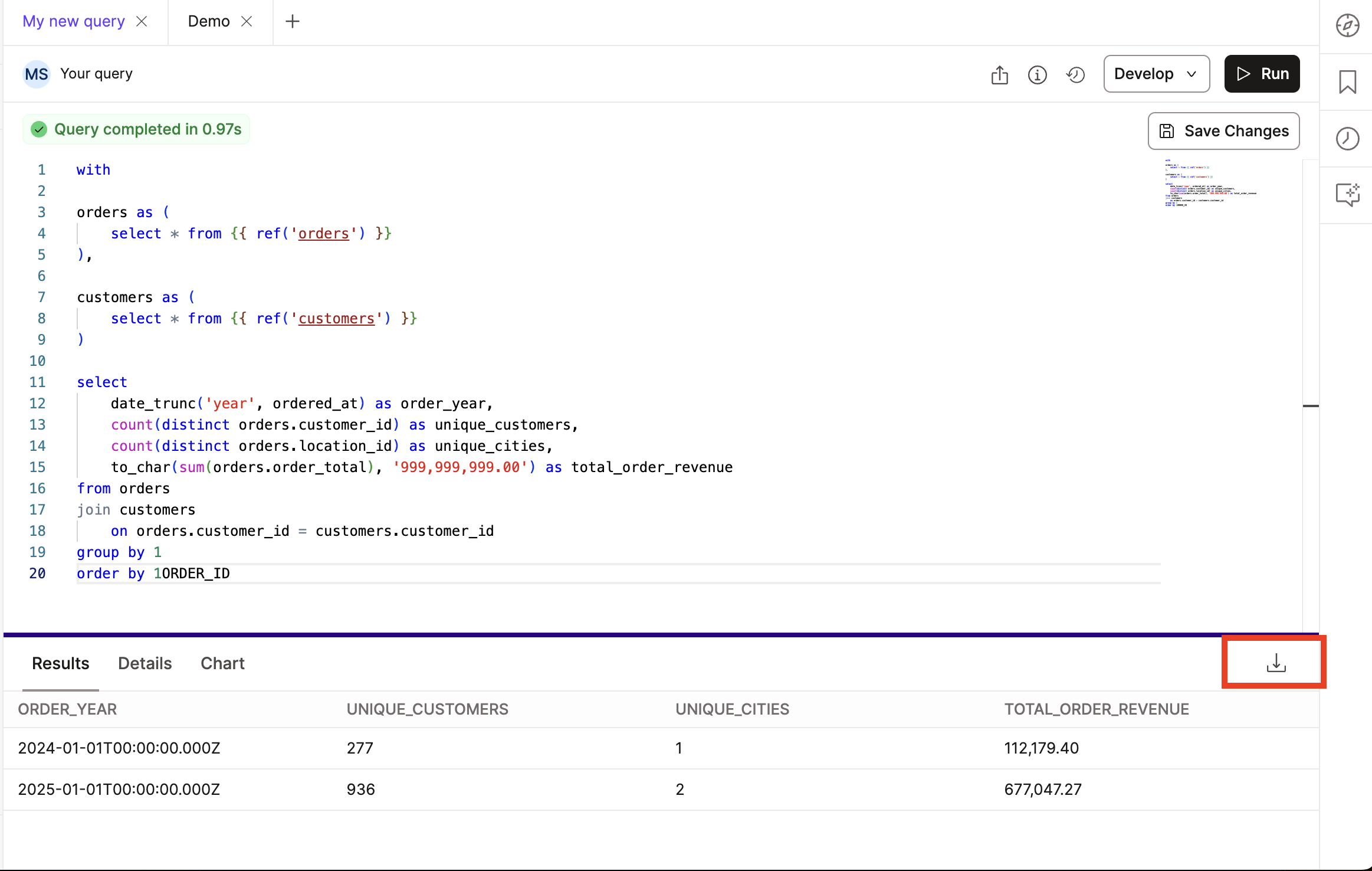 Экспорт в CSV в dbt Insights