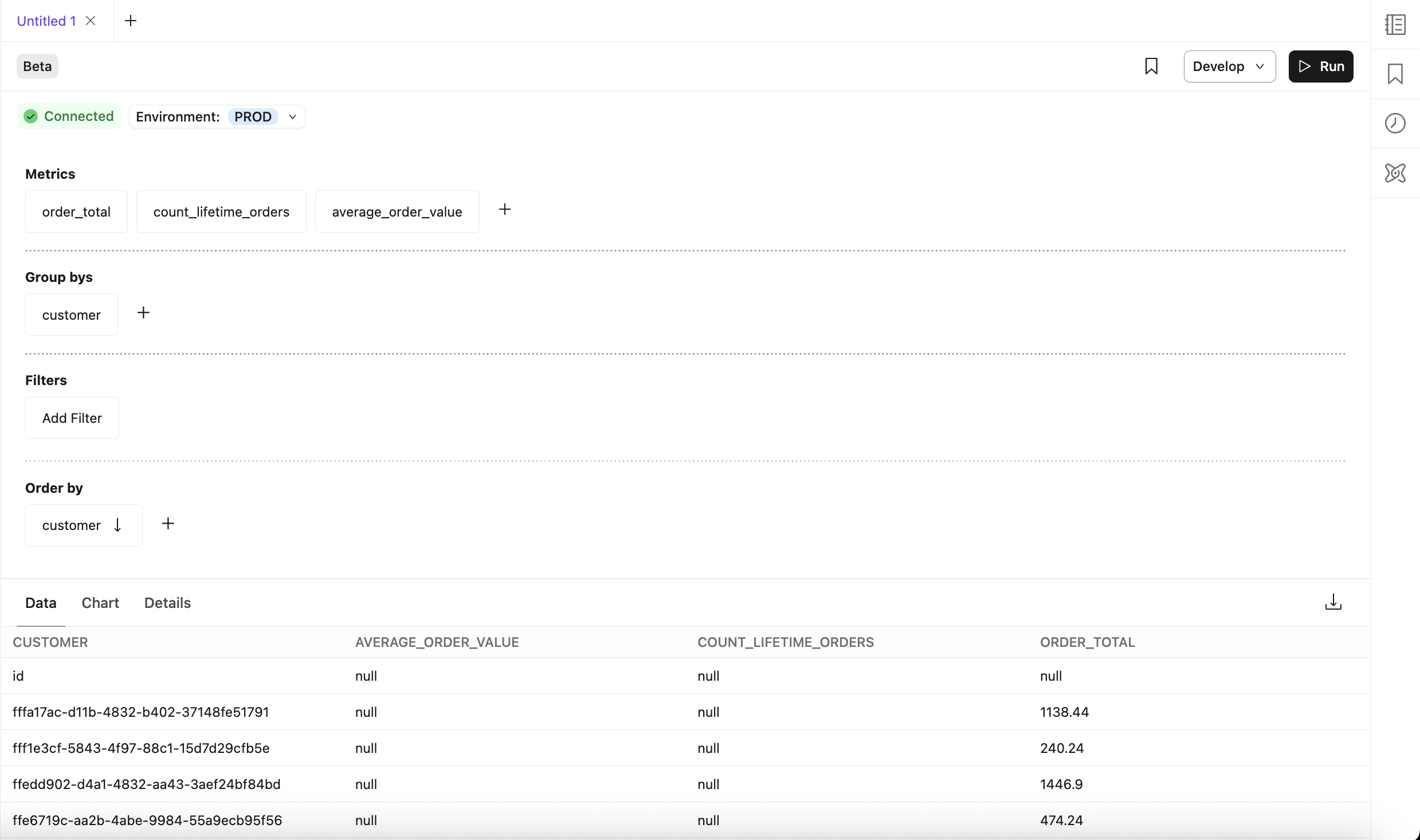 Результаты отображаются на вкладке Data