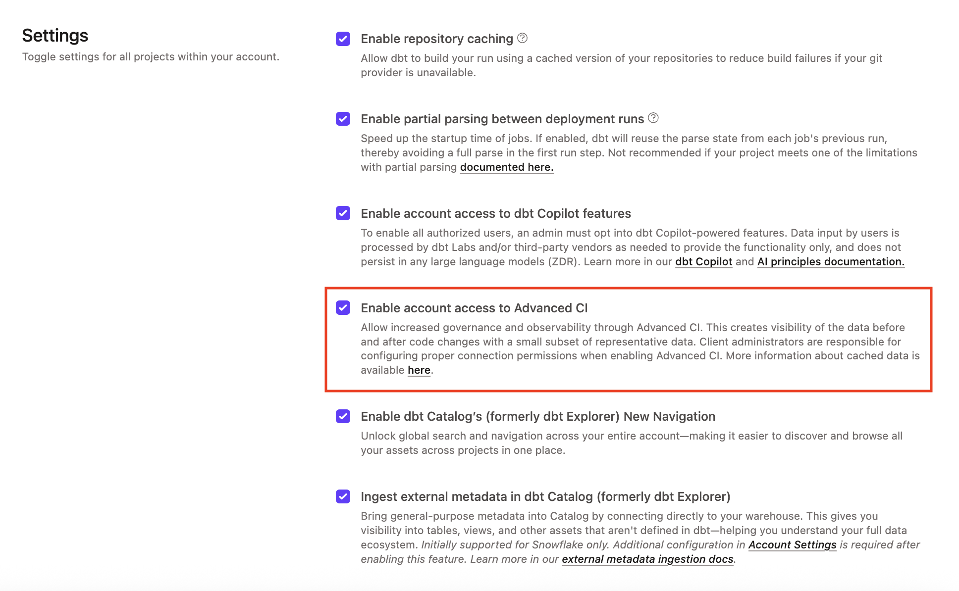 Опция Enable account access to Advanced CI Опция Enable account access to Advanced CI