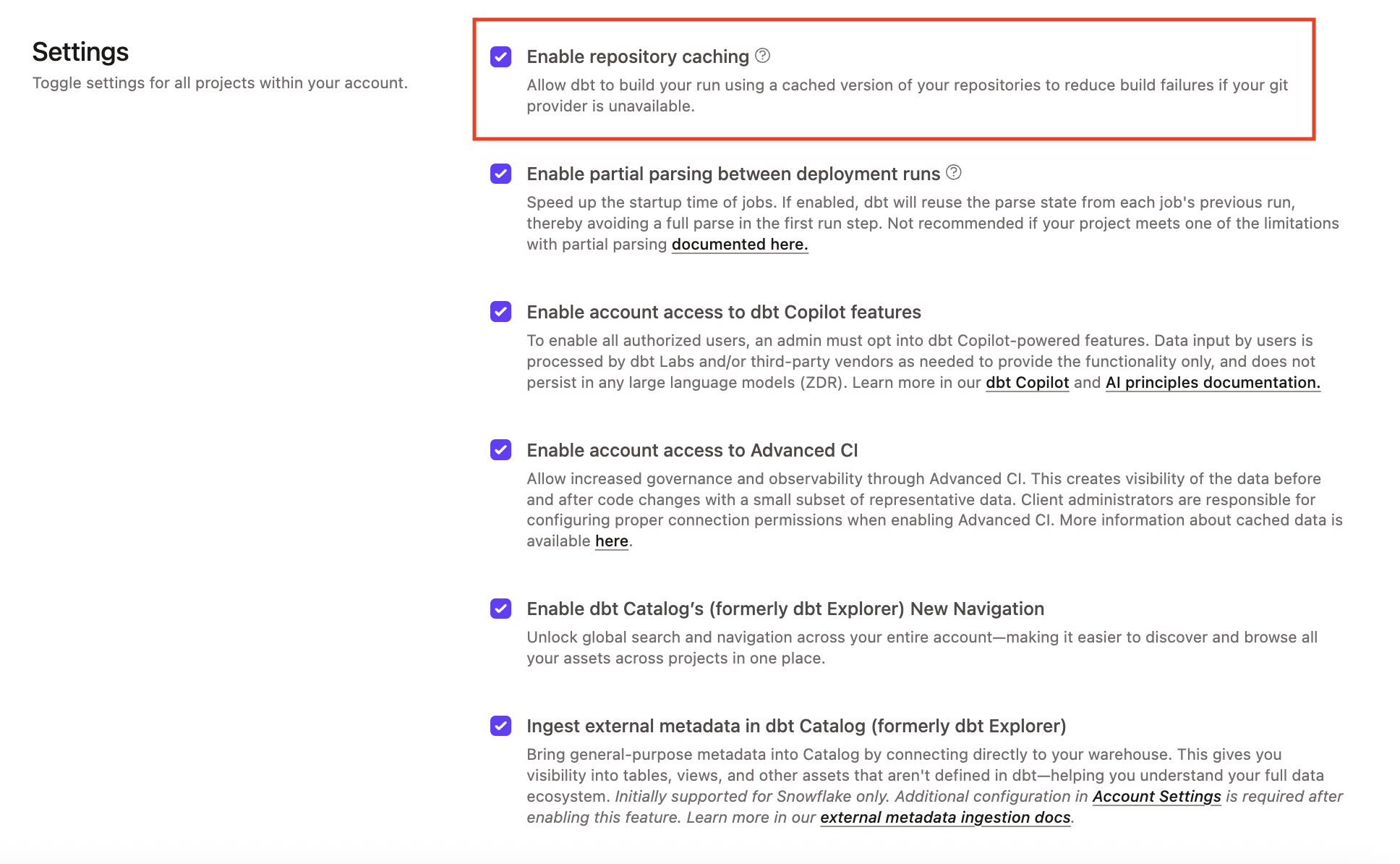 Пример опции Enable repository caching