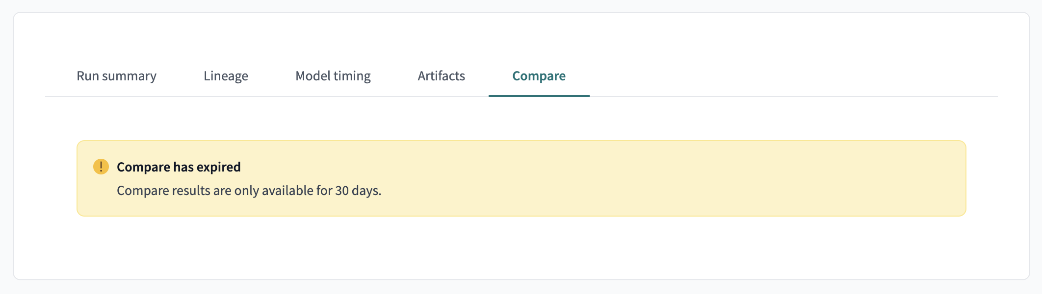 Пример сообщения об устаревших данных на вкладке Сравнение Пример сообщения об устаревших данных на вкладке Сравнение