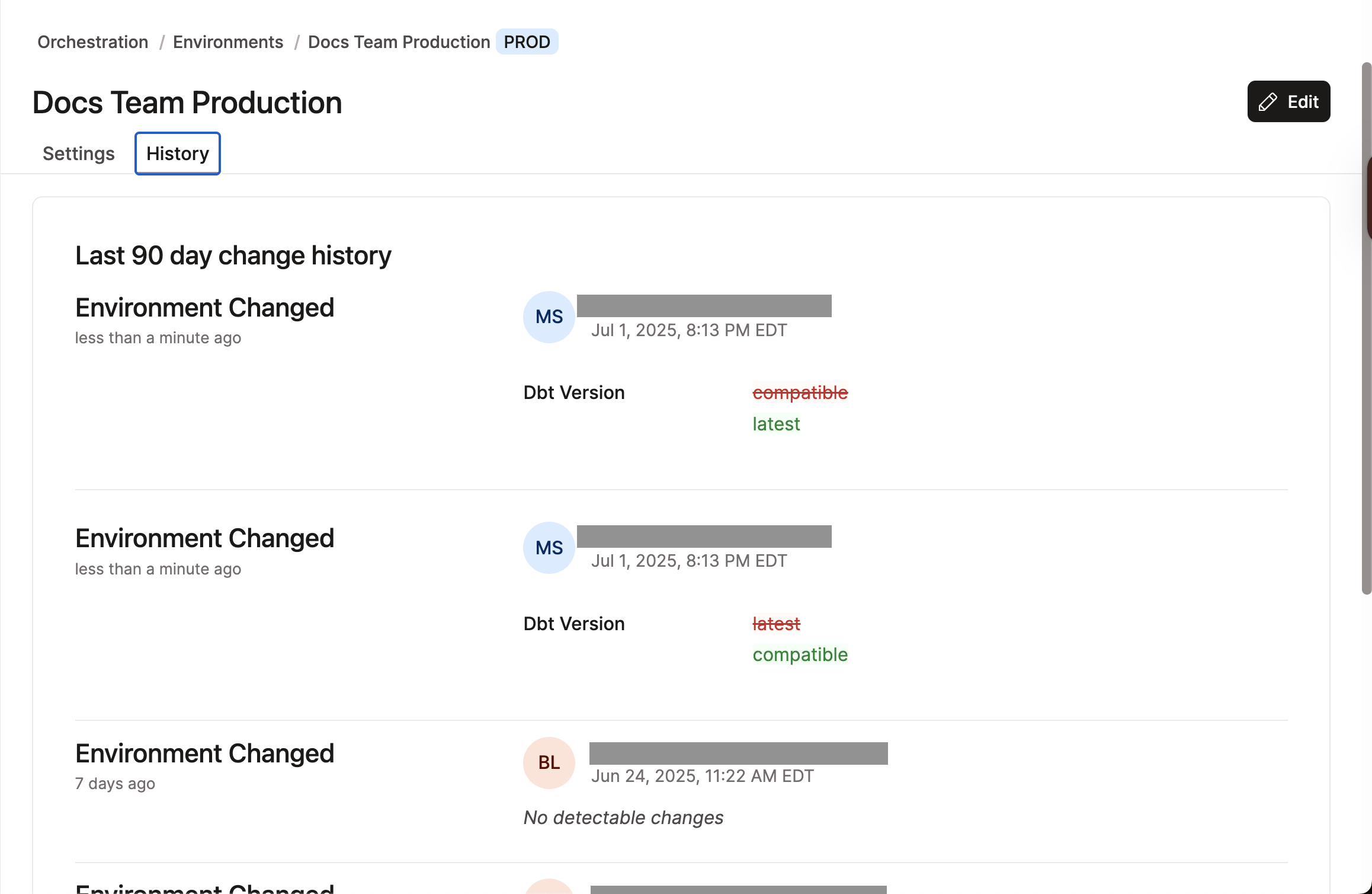 Пример опции просмотра истории окружения.