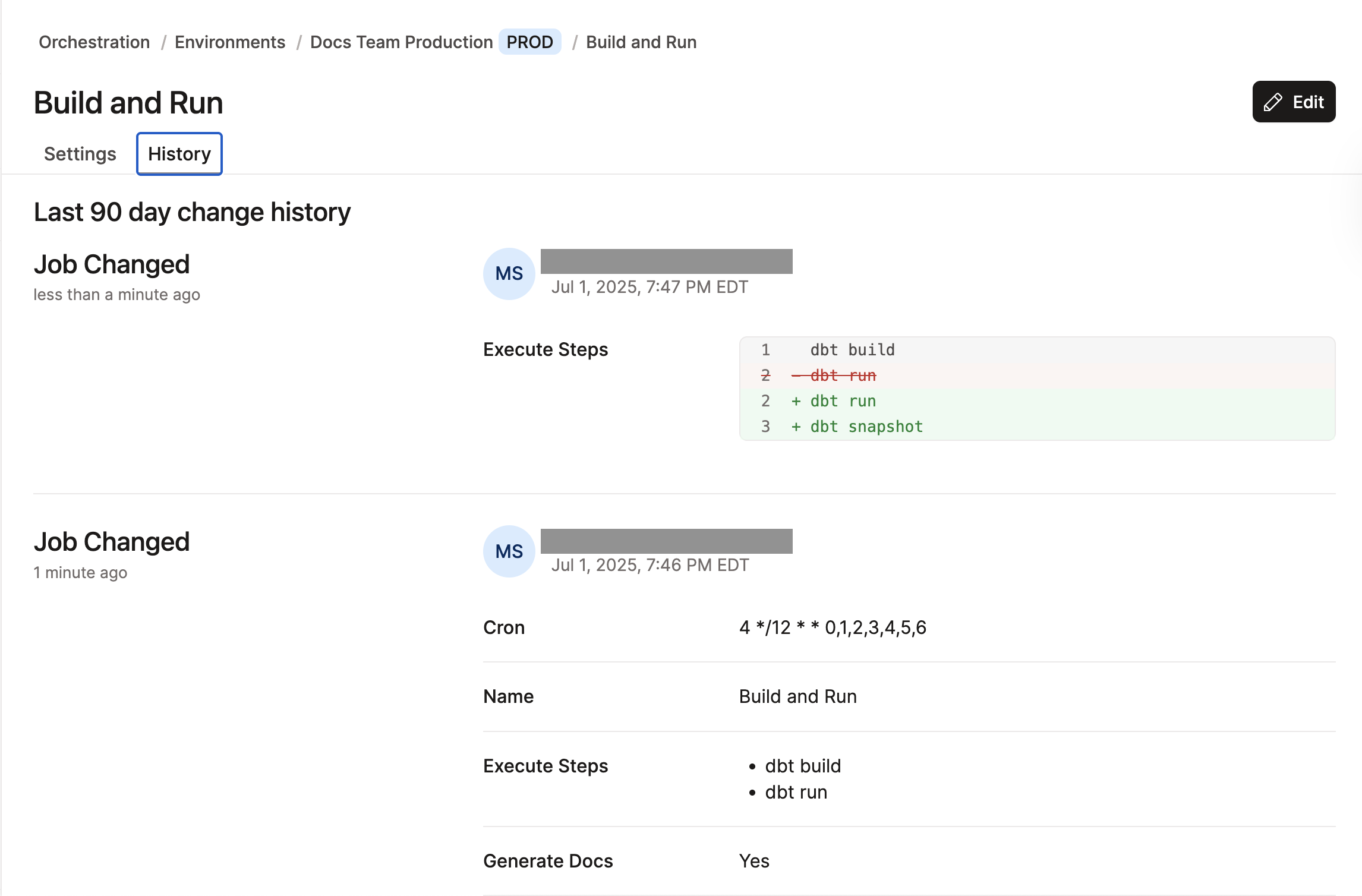 Пример истории настроек job. Пример истории настроек job.