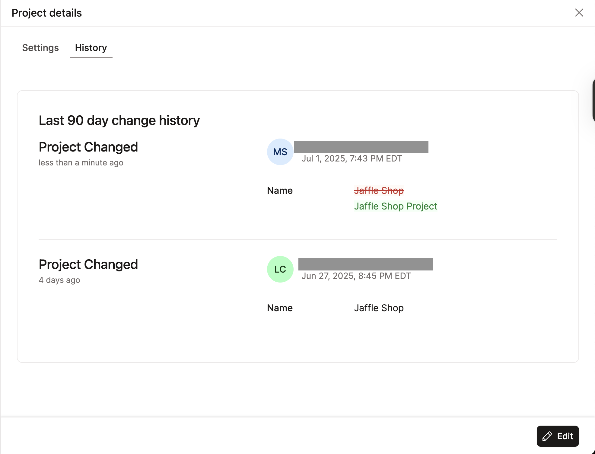 Пример опции project history.