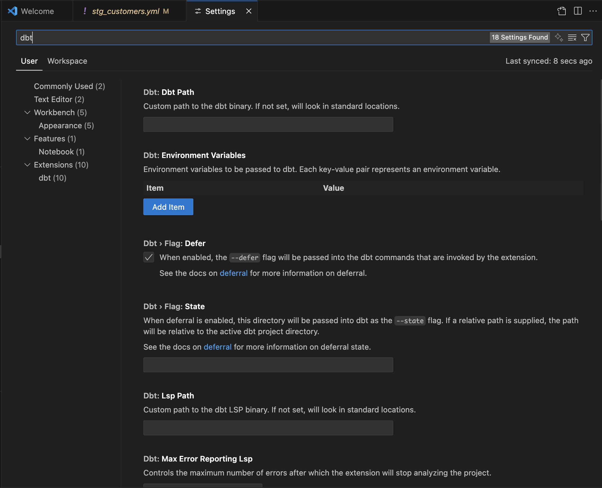 Настройки dbt extension в настройках VS Code. Настройки dbt extension в настройках VS Code.