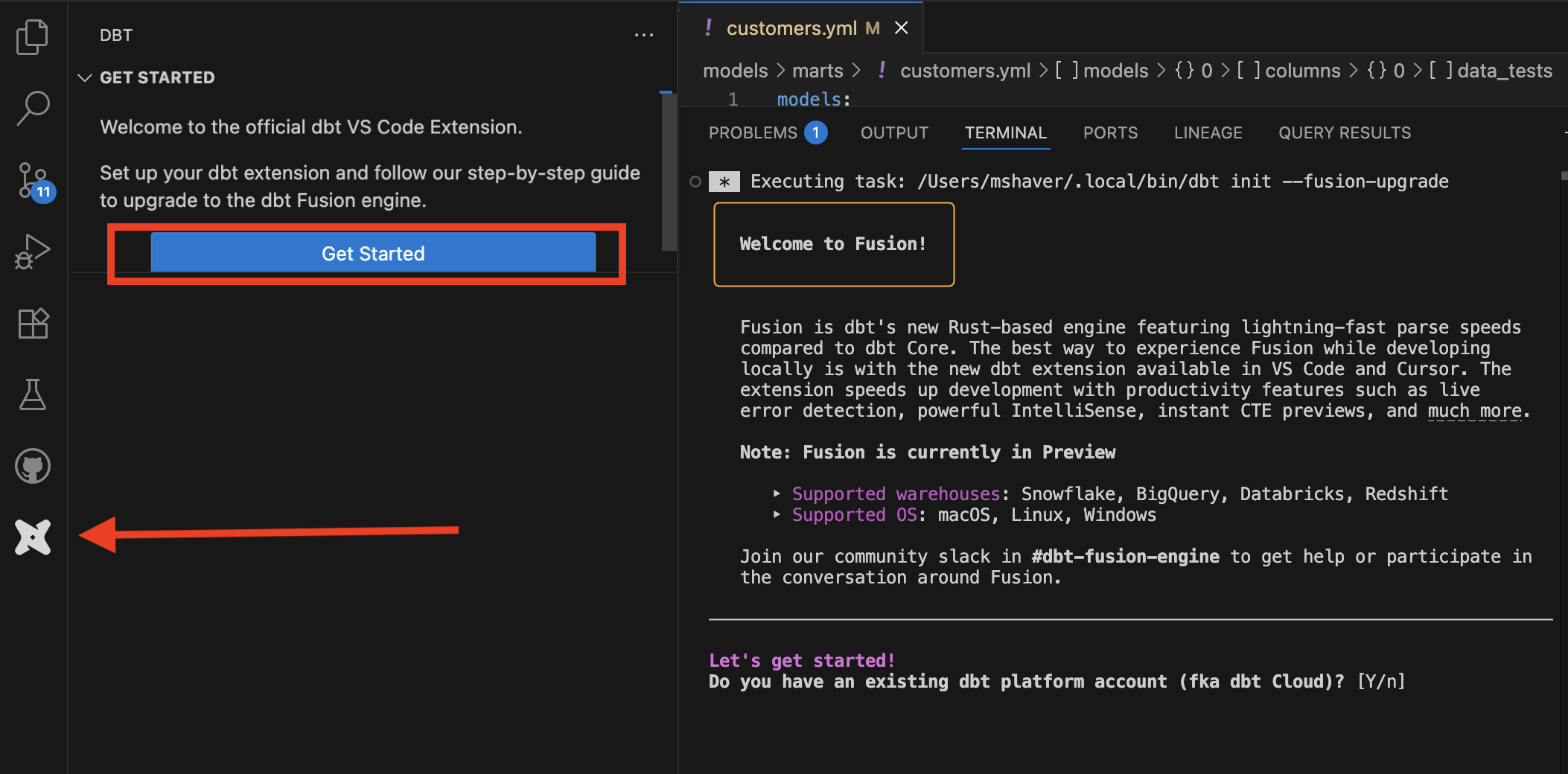 Панель помощи расширения dbt и мастер обновления. Панель помощи расширения dbt и мастер обновления.