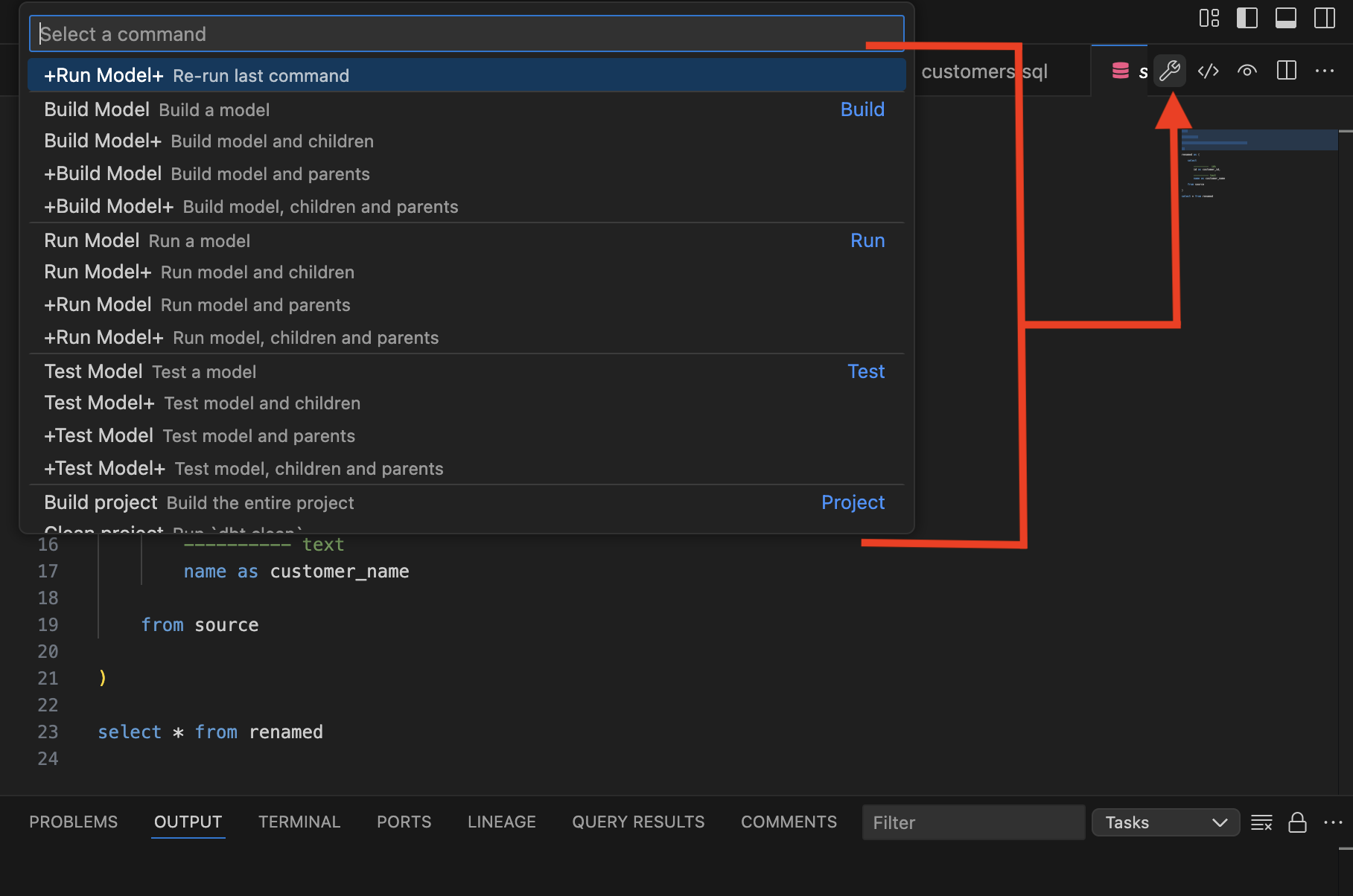 Выберите команду через иконку dbt. Выберите команду через иконку dbt.
