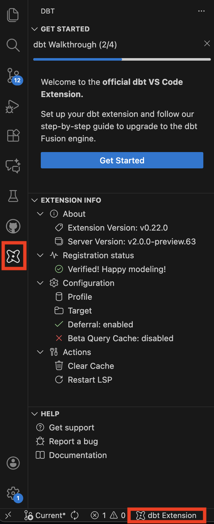 Экран приветствия dbt VS Code extension. Экран приветствия dbt VS Code extension.