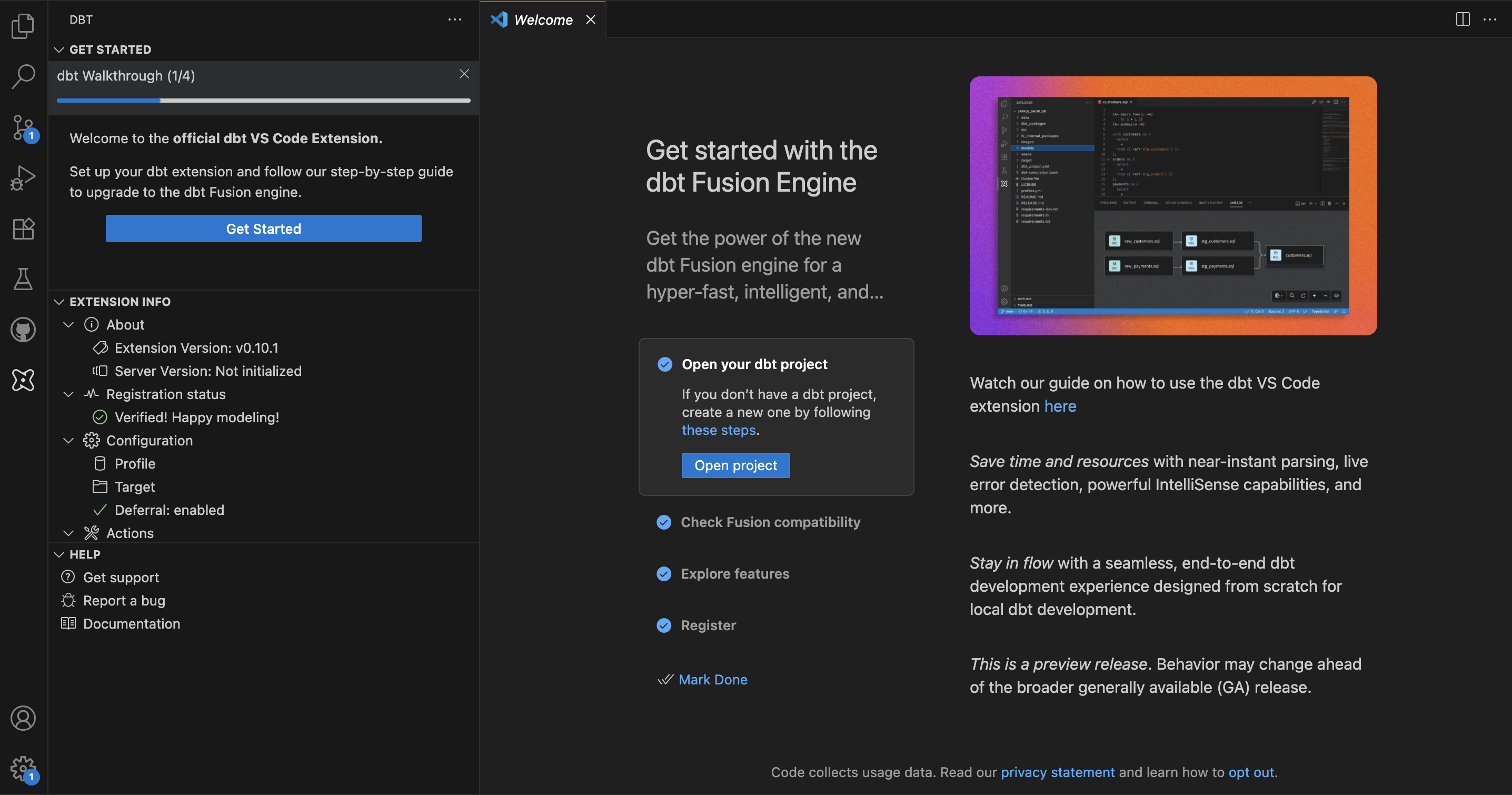 Экран приветствия расширения dbt для VS Code. Экран приветствия расширения dbt для VS Code.