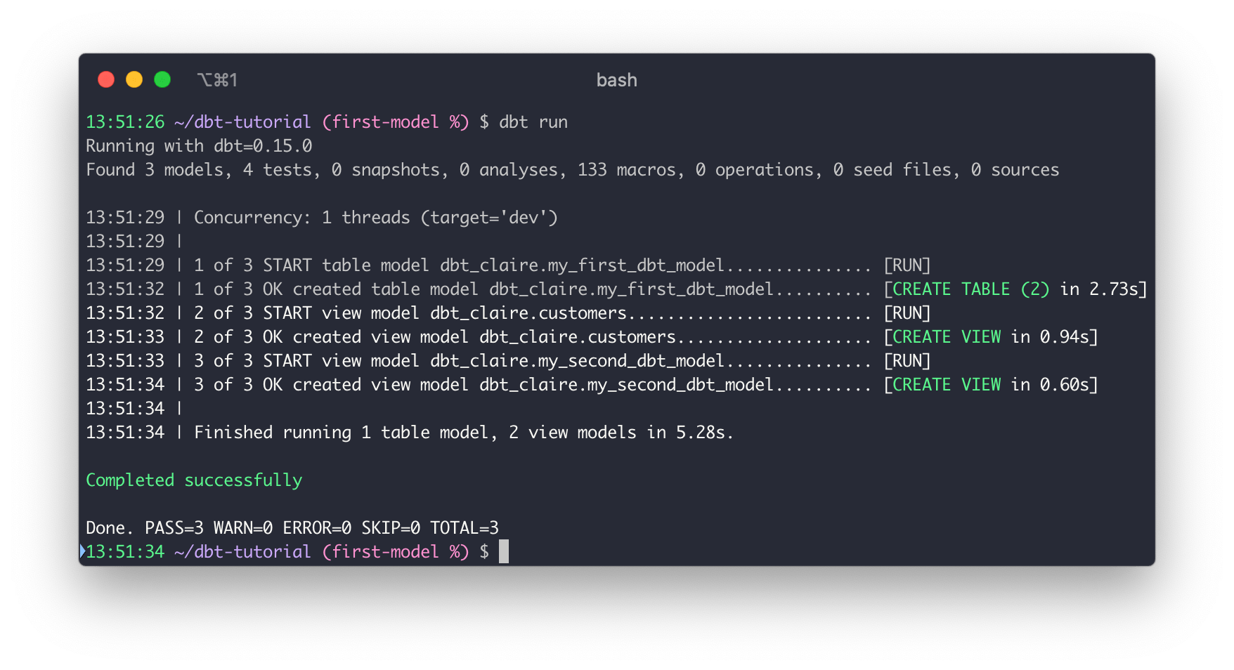 Успешный запуск с dbt Core CLI Успешный запуск с dbt Core CLI