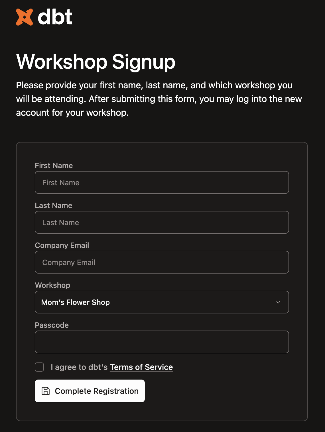 Форма для получения доступа к вашей Fusion Sandbox в dbt platform. Форма для получения доступа к вашей Fusion Sandbox в dbt platform.