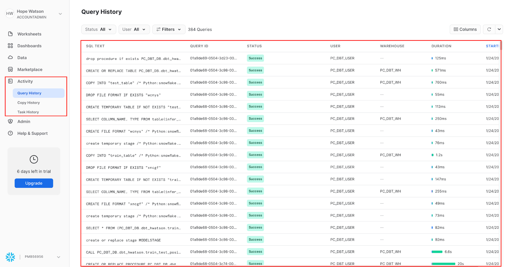 Просмотр истории запросов Snowflake, чтобы увидеть, как python модели выполняются под капотом