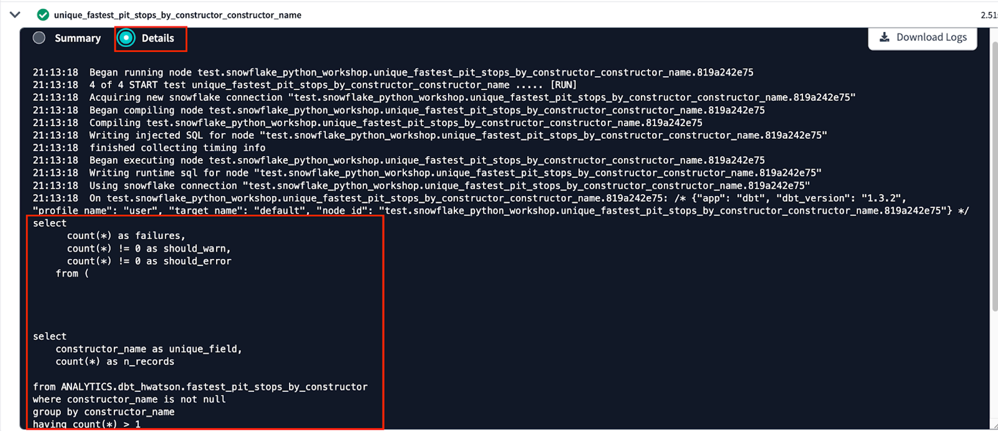 просмотр деталей тестирования нашей python модели, которая использовала SQL для проверки утверждений данных