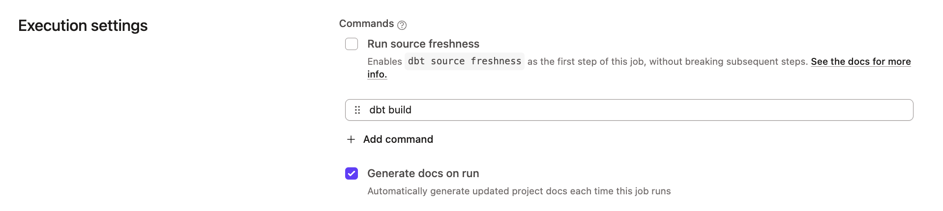Выберите опцию 'Generate docs on run' при настройке dbt‑задания. Выберите опцию 'Generate docs on run' при настройке dbt‑задания.