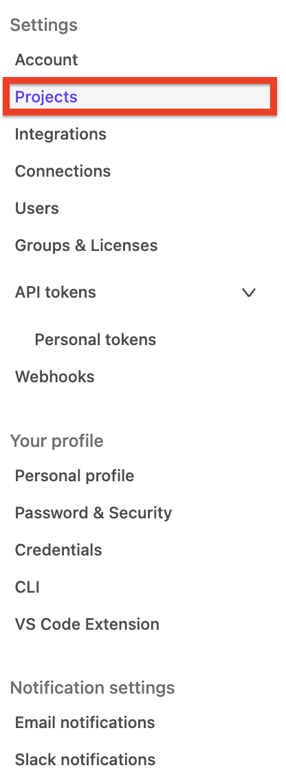 Выберите Projects в меню. Выберите Projects в меню.