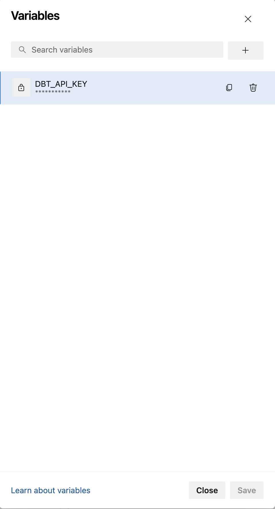 Вид окна конвейеров Azure для ввода DBT_API_KEY Вид окна конвейеров Azure для ввода DBT_API_KEY