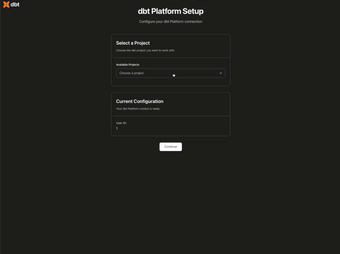 Выбор проекта dbt platform