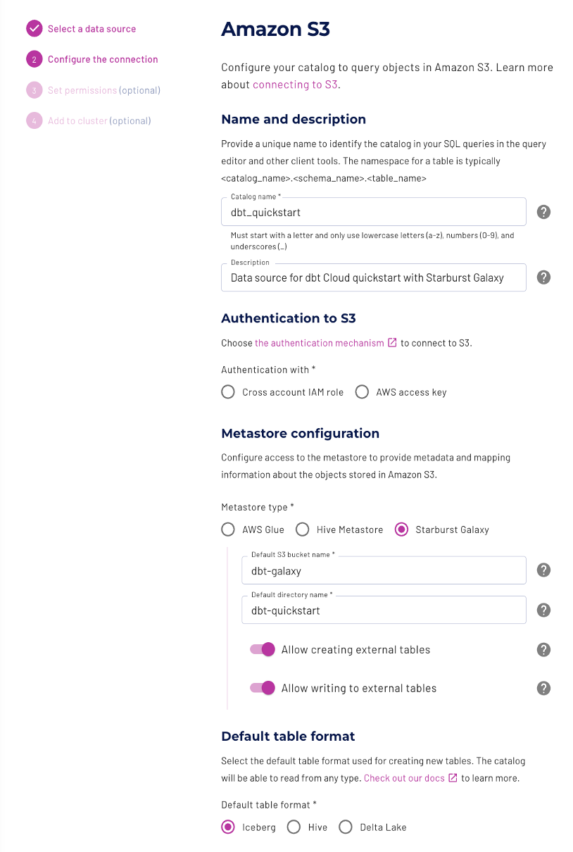 Настройки подключения Amazon S3 в Starburst Galaxy