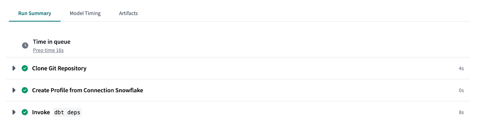 Планировщик подготавливает задание к выполнению и отображает это как 'prep time' в dbt Cloud.