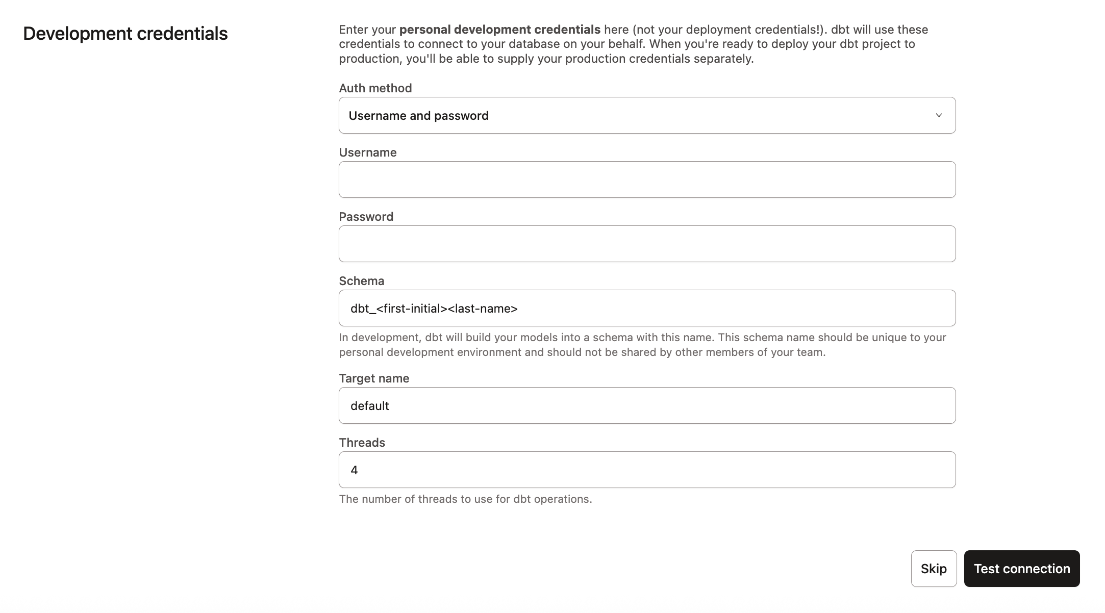dbt — Учетные данные для разработки в Snowflake dbt — Учетные данные для разработки в Snowflake