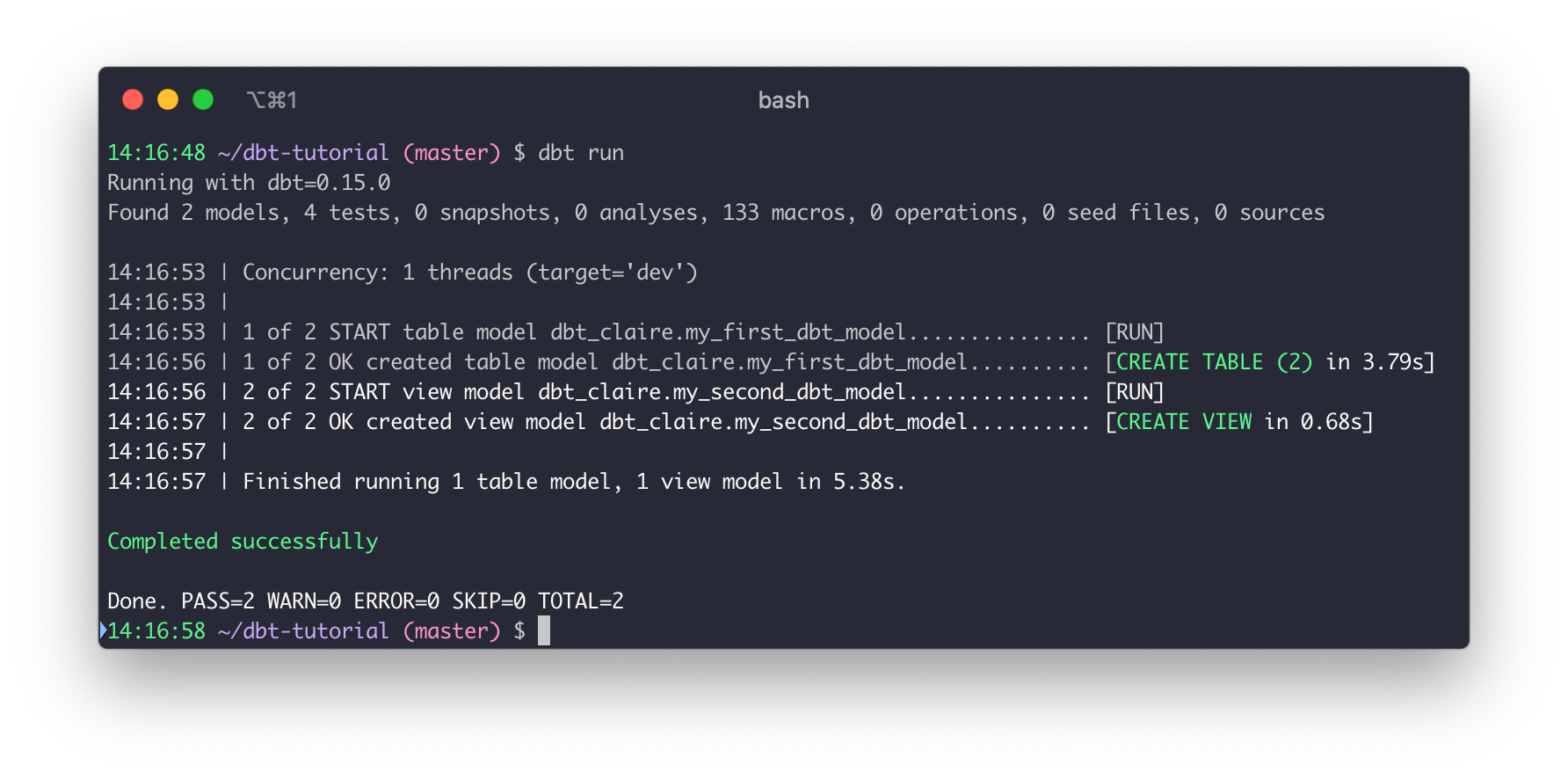 Успешная команда dbt run Успешная команда dbt run
